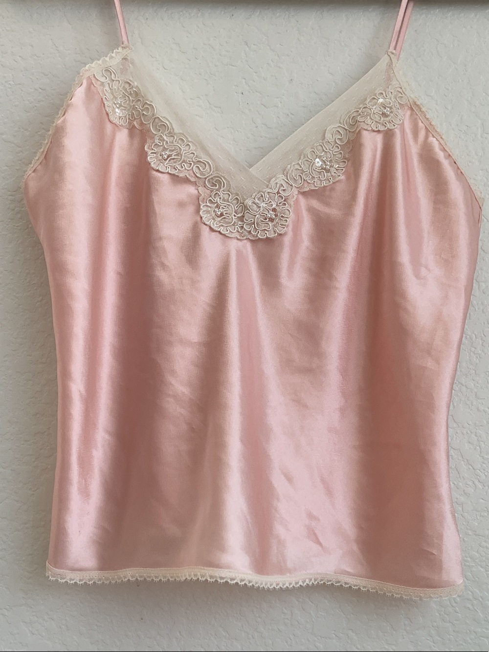 Escapades Vintage Blush Satin Camisole with Cream Lace Trim | small